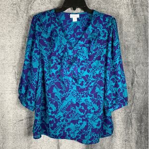 Liz Claiborne Top Womens Medium Purple Green Floral Corporate Cottage Office